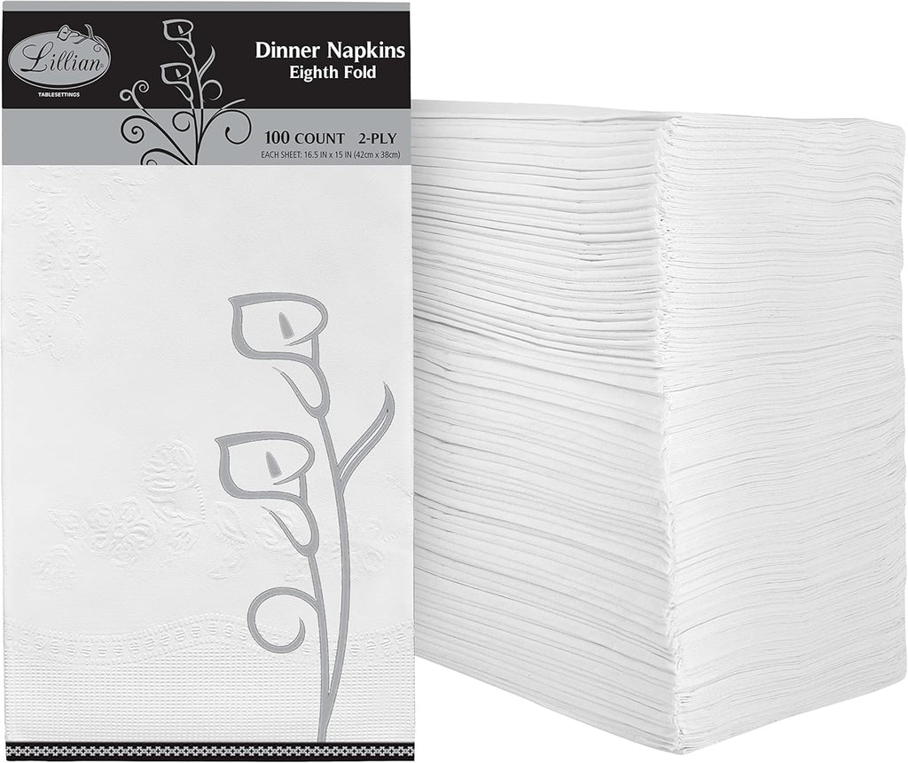 Premium White Napkins - 2-Ply Disposable Dinner Napkins | 100 Count Value Pack for Parties