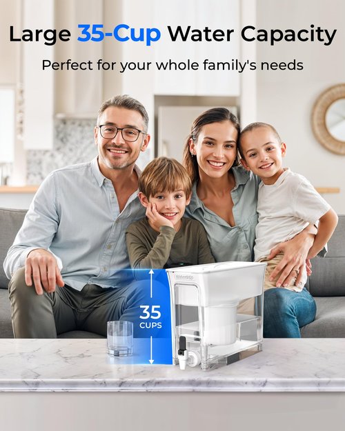 Waterdrop 0 TDS 35-Cup Slim Water Filter Dispenser, Large Capacity, Reduces TDS, Chlorine, PFOA/PFOS and More, BPA Free, White (with 1 Filter)