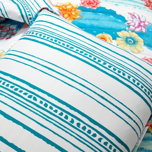 Lush Decor Southwest Vibrant Cactus Reversible Oversized 3 Piece Quilt Set, King/Cal King, Turquoise & Orange