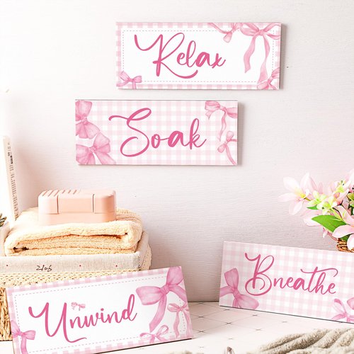 Yousoontic 4Pcs Coquette Pink Bow Wall Decor Aesthetic Pink Bow Bathroom Bedroom Wall Art Relax Soak Unwind Breathe Party Wood Hanging Sign Set for Home Laundry Spa Room