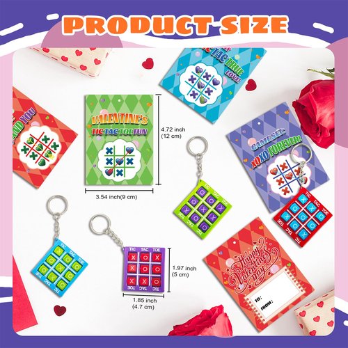 24 Pack Valentines Day Gifts Cards for Kids with Tic Tac Toe Game Keychains, Valentines Days Keychains for School Classroom Exchange Prizes, Valentine’s Exchange Greeting Cards for Boys Girls