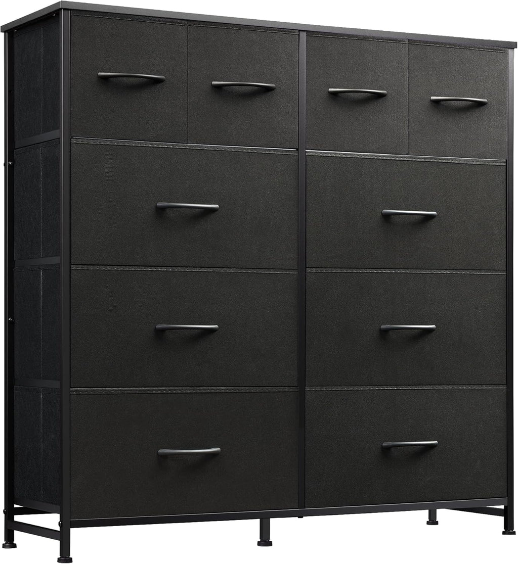 WLIVE Dresser - Tall Chest Organizer with 10 Fabric Drawers & Wooden Top - Black Storage Unit for Bedroom