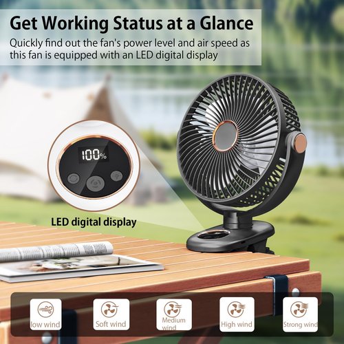 iNeibo 10000mAh Portable Clip on Fan, 90° Oscillating Fan, 8 Inch Rechargeable Battery Operated Desk Fan, Strong Airflow, 5 Speeds, Sturdy Clamp for Golf Cart Home Office Outdoor Travel (Black)