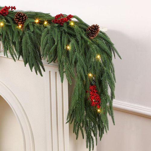 9FT Prelit Christmas Garland, Realistic Green Norfolk Pine Garland with Lights Battery Operated for Mantle Stairs Railing Fireplace Table Indoor Xmas Decor