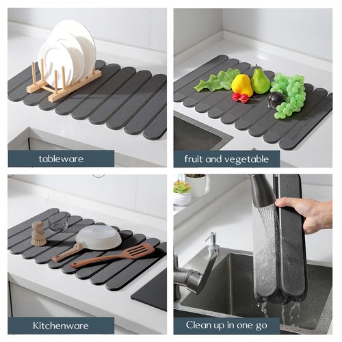 24"×16" Grey Stone Dish Drying Mats for Kitchen Counter, Large Quick Dry Collapsible Eco-Friendly Super Absorbent Diatomaceous Earth Heat-resistant Mat for Dishes Bottles Cups, Match Any Countertop