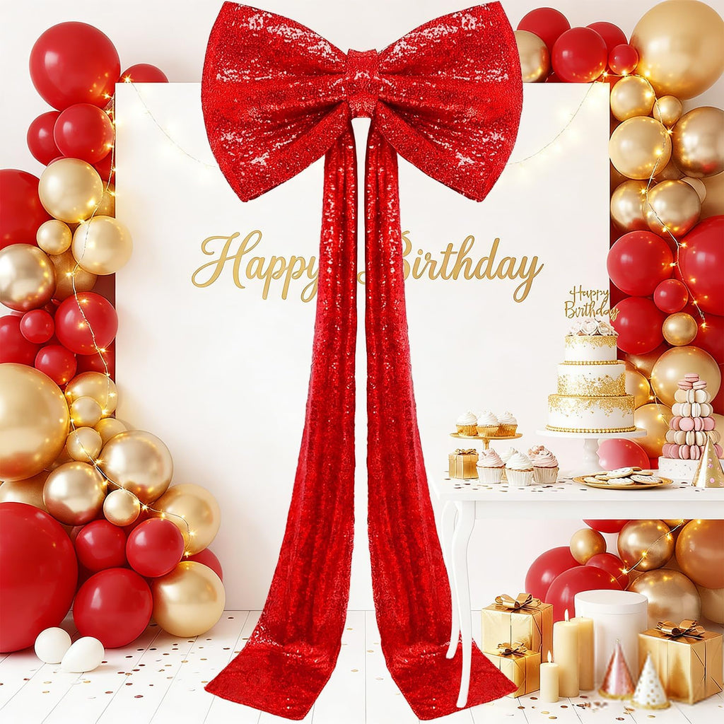 Sequin Giant Bow - Oversized Red Decoration with Long Ribbon | 75 x 23 Inch for Weddings & Parties