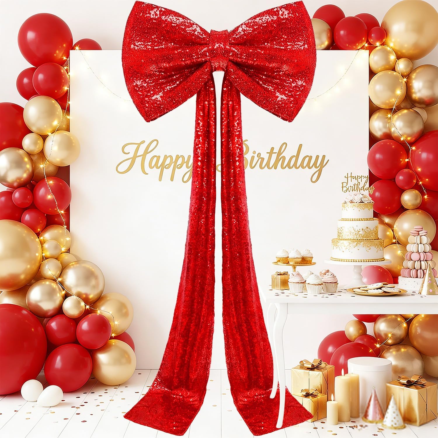 Sequin Giant Bow - Oversized Red Decoration with Long Ribbon | 75 x 23 Inch for Weddings & Parties