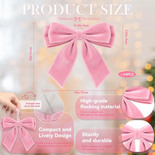 24Pcs Velvet Bows for Christmas Tree, Pink Bows Christmas Decorations with Twist Tie, Bulk Lovely Cute Velvet Ornaments for Wreath Garland Gift Wrapping Wedding Champagne Parties Decor, 6*6in