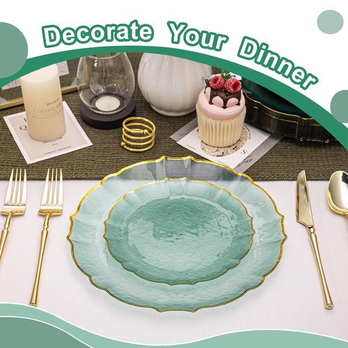 Lullaby 100pcs Translucent Green Plastic Plates with Gold Rim, Fancy Lace-Edged Disposable Plates include 50pcs Dinner Plate 10”, 50pcs Dessert Plate 7”, Perfect for Party, Wedding, Holiday