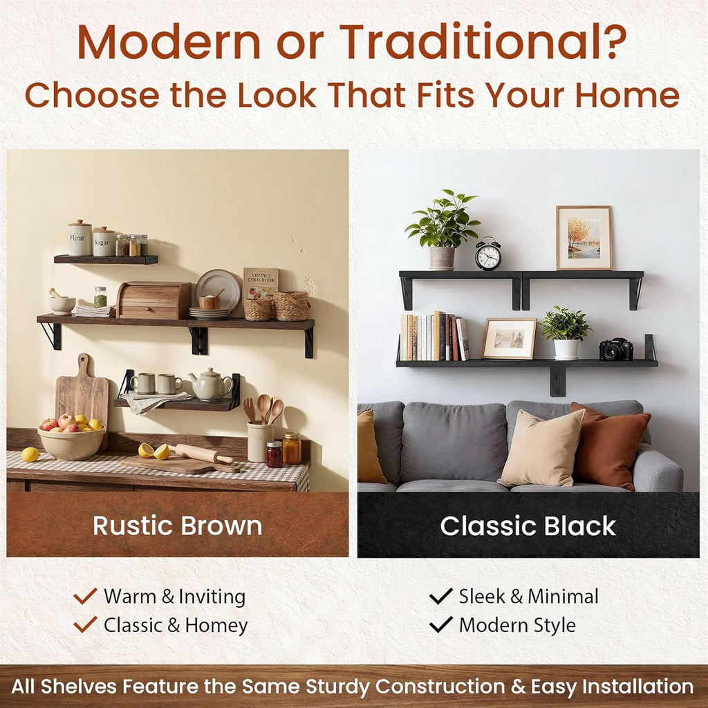 BAYKA Floating Wall Shelves - Rustic Wood Bathroom & Living Room Storage | Set of 4, Rustic Brown