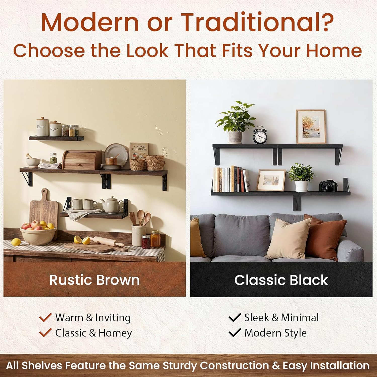 BAYKA Floating Wall Shelves - Rustic Wood Bathroom & Living Room Storage | Set of 4, Rustic Brown