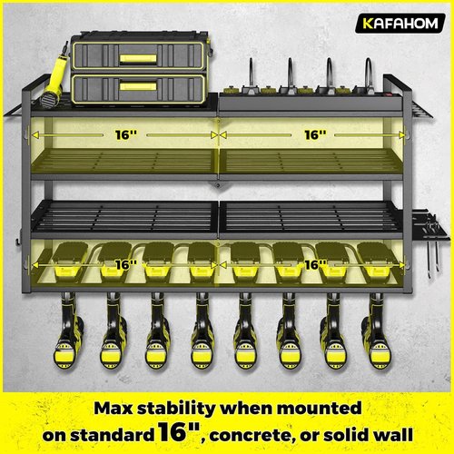 KAFAHOM Power Tool Organizer - Wall-Mounted Storage with Charging Station & 8 Drill Holders | Tool Battery Rack