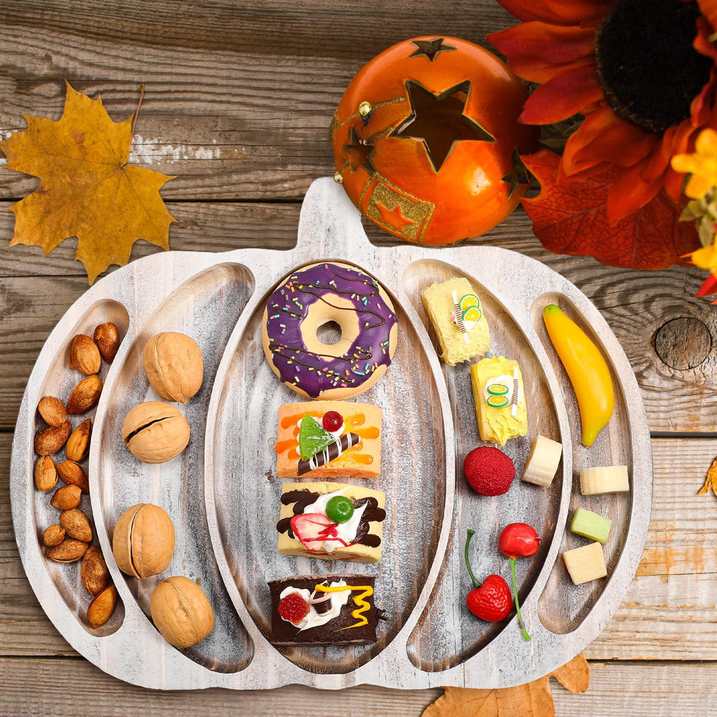Sliner Fall Pumpkin Wooden Serving Dish Platter Thanksgiving 15" L x 12" W Pumpkin Shaped Charcuterie Board Snack Wood Cutting Board Sectional Dish Plate for Home Gifts(Walnut Color)