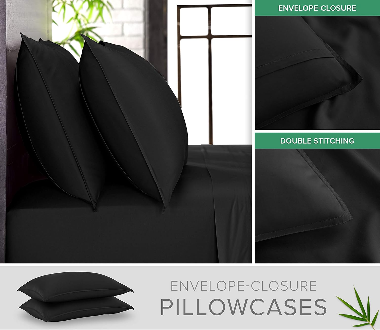 Pure Bamboo Twin Sheets - Luxuriously Soft & Cooling 100% Organic Viscose Bed Sheet Set | Black, Double Stitching