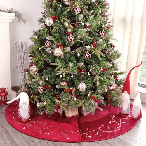 Bunny Chorus Christmas Tree Skirt, 60 inches Classic Large Velvet Fur Plush Red Tree Skirt, Baroque Tree Skirts with Gold Embroidered Pearls and Crystals for Merry Christmas
