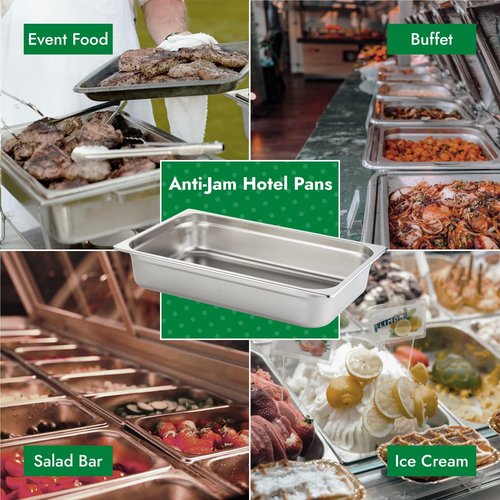 HECMAC 6 Pack Anti-Jam Hotel Pans, Full Size 4 Inch Deep, Heavy Duty, Commercial Stainless Steel Chafing Steam Table Pan, Catering Storage Metal Food Pan, 23 Gauge