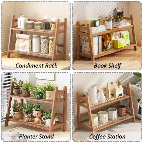 FYRLFB Household 2-Tier Cup Shelf Organizer, Kitchen Counter Shelf for Tea Coffee Bar Accessories, Bamboo Mug Holder Countertop, Matcha Stand, Cup Display, Condiment Storage Rack - Brown
