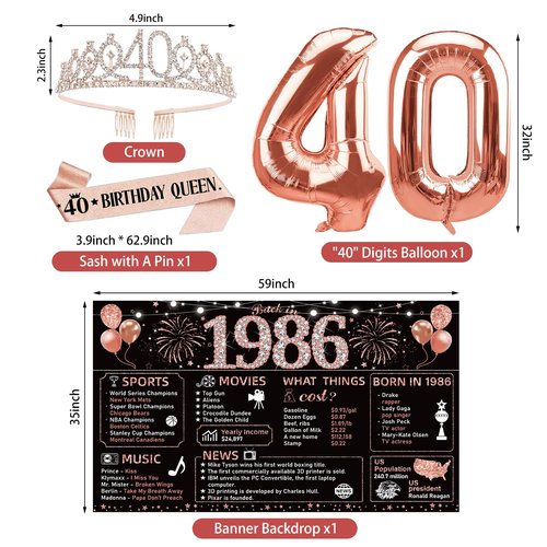 Yesiyeik 40th Birthday Decorations for Women, 40 Year Old Black Rose Gold Vintage AWESOME SINCE 1986 Birthday Banner Backdrop, 32inch 40 Balloons Crown Sash Cake Topper Birthday Party Supplies for Her
