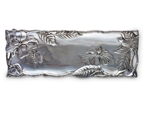 Arthur Court Designs Aluminum Magnolia Flower Metal Oblong Tray/Platter, 19 x 6 inches - Handcrafted Magnolia Blossoms and Twisting Branches, Freezer & Oven Safe, Engravable, Ideal for Wedding