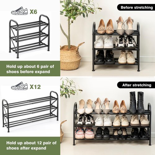 Atrastout 3-Tier Shoe Rack for Closet, 16"-33" Expandable ShoeRackAdjustable for Entryway Closet Doorway SturdyMetal, Black