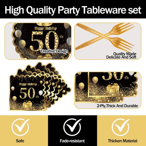 60 Pcs 50th Birthday Decorations Black gold Paper Plates and Napkins Forks Party Tableware for Men Women Birthday Party Decorations,Serve 20