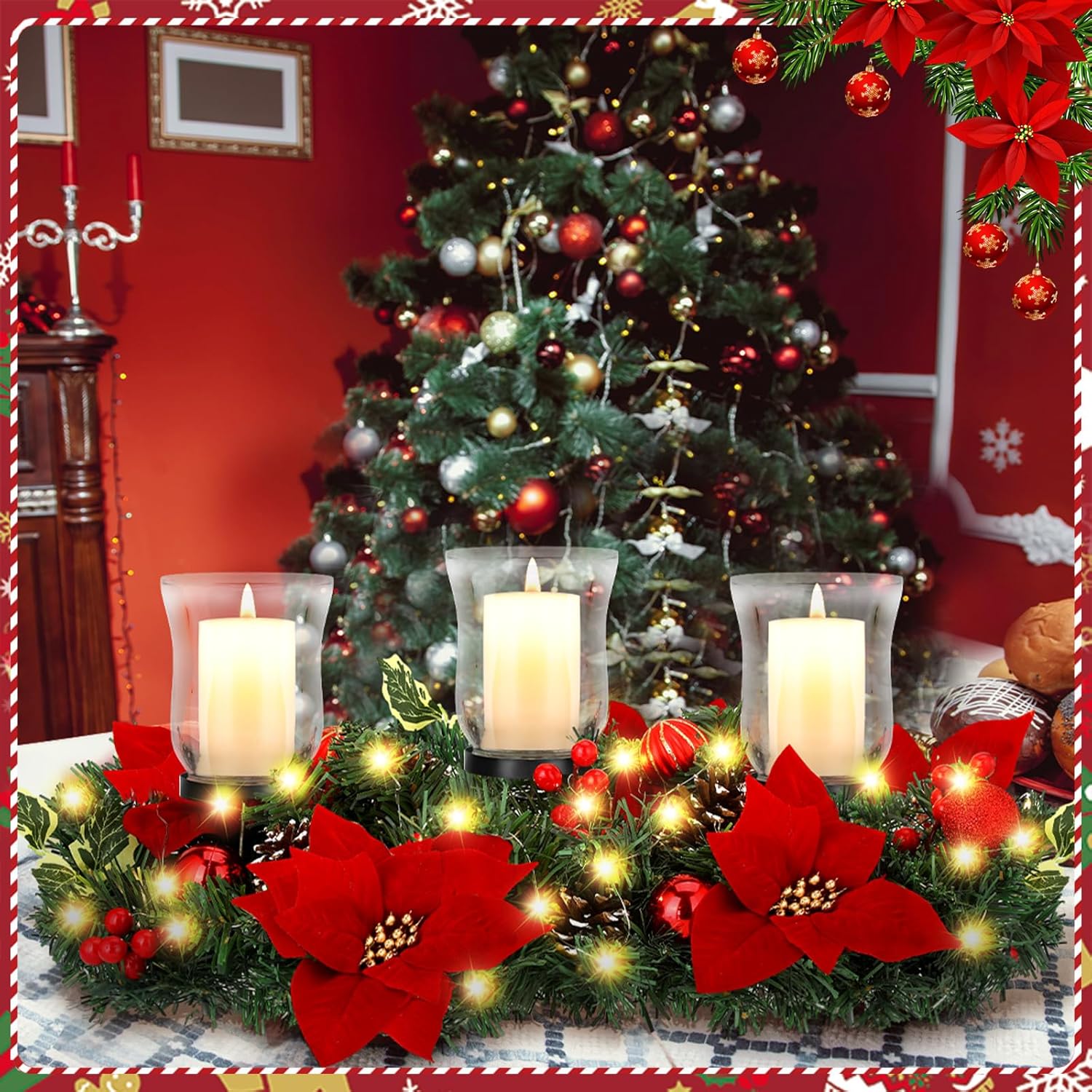 Sliner Christmas Candle Holder - Elegant Poinsettia Glass Centerpiece for Holiday Table Decor