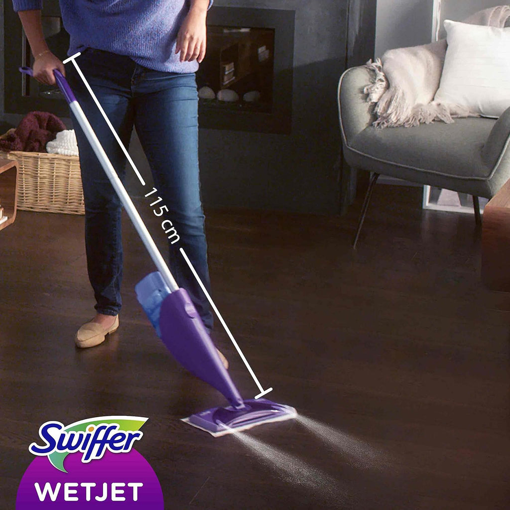 Swiffer WetJet Floor Spray Mop Starter Kit - Includes 1 Mop, 5 Pads, Cleaning Solution & 4 Batteries
