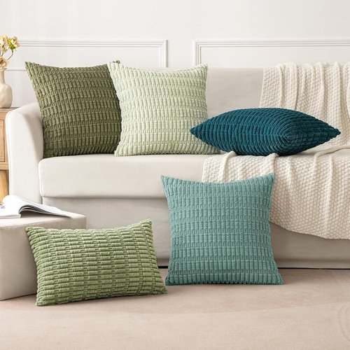 MIULEE Corduroy Decorative Throw Pillow Covers - Soft Boho Striped Design | 20x20 Inch Teal Green for Modern Farmhouse Decor