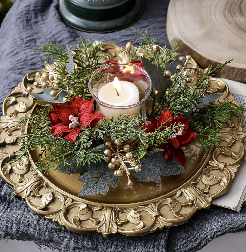 Regine Switzerland Christmas Candle Rings - Elegant Gold Berries & Pine Needles | 2-Piece Set for Holiday Decor