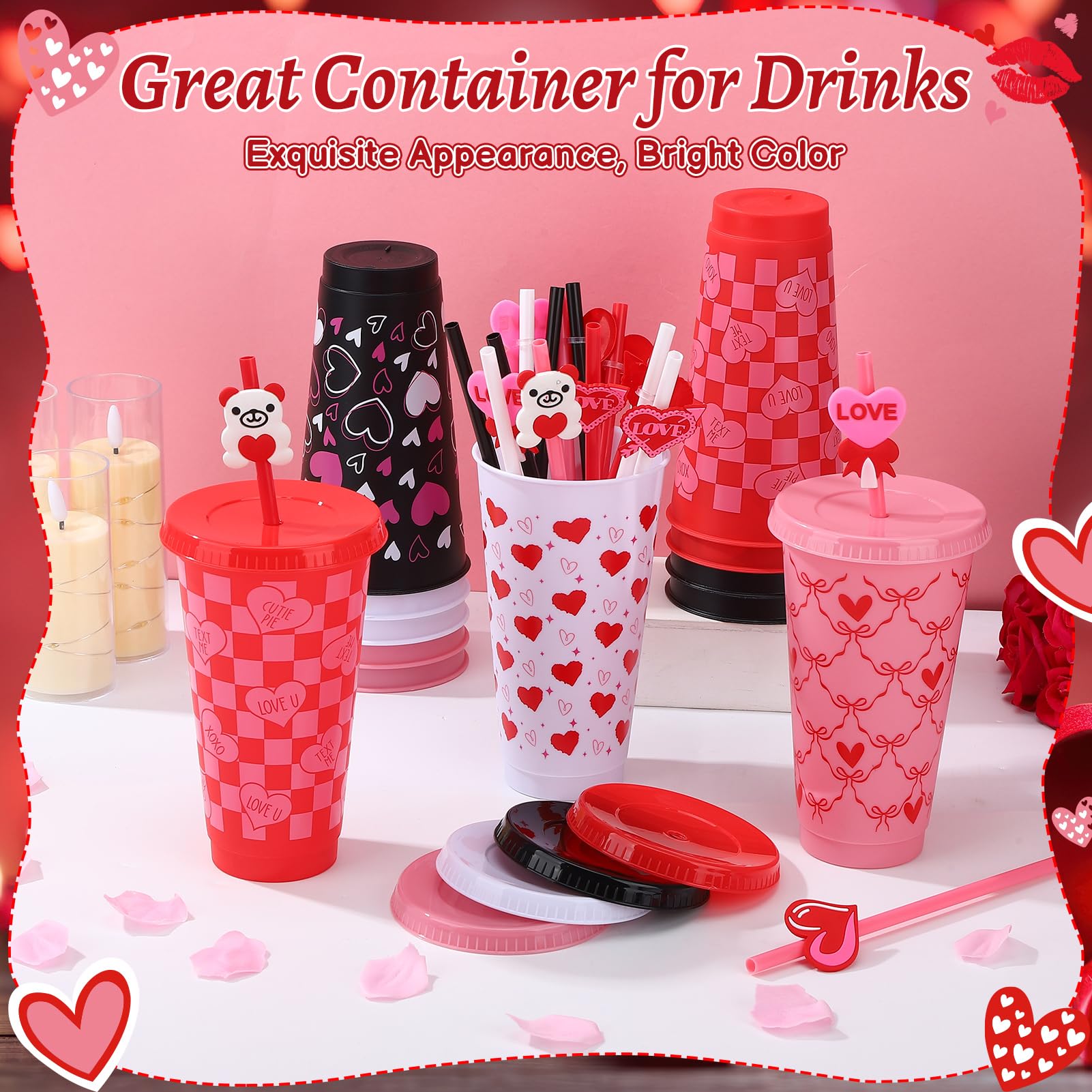 Ovveroche 12 Pcs Valentine's Day Plastic Cups with Lids and Straws and Straw Caps 24 oz Reusable Cups Travel Mug Bulk for Valentine's Day Birthday Wedding Anniversary Party Favors