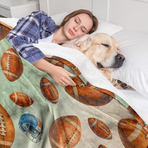 Football Blanket 50x60, Soft Flannel Fleece Stadium & Couch Throw, Watercolor Football Helmet Pattern, Neutral Sage Green Beige, Game Day Bleacher Blanket for Adults