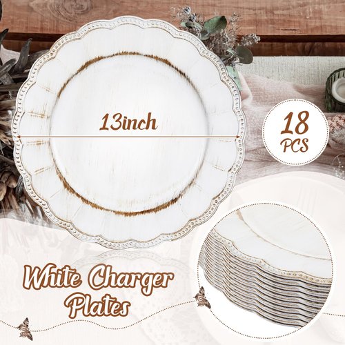 Dandat 18 Pcs Antique Charger Plates 13'' Retro Dinner Round Bead Rim Heavyweight Embossed Plastic Disposable Plate for Wedding Bridal Anniversary Easter First Communion Birthday(White)