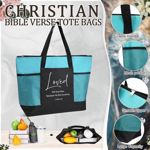 Paterr 10 Pcs Christian Tote Bags Bulk with Pocket Zipper for Women Bible Church Mothers Day Gifts(Colorful,Encouraged)
