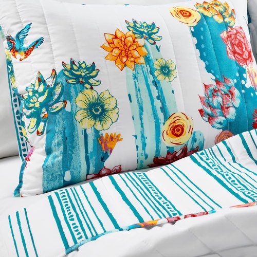 Lush Decor Southwest Vibrant Cactus Reversible Oversized 3 Piece Quilt Set, King/Cal King, Turquoise & Orange