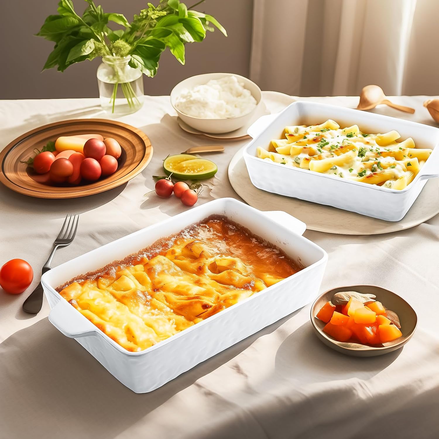 Regine Switzerland Casserole Dishes - Ceramic Baking Pan Set of 3 | Deep Lasagna Dish with Handles (11.6" x 7.8", White)