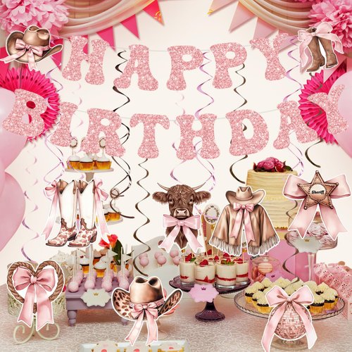 Yunlly Cowgirl Coquette Bow Birthday Party Decorations Western Hanging Swirls Happy Birthday Banner Pink Disco Balloon Rodeo Bachelorette Decor Supplies for Baby Shower Birthady Party Favors