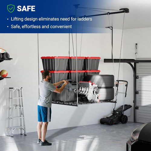 FLEXIMOUNTS GL1 Overhead Garage Storage Rack - Heavy-Duty 4x4 Ft Metal Ceiling Organizer | Adjustable, 350lbs Capacity, Black