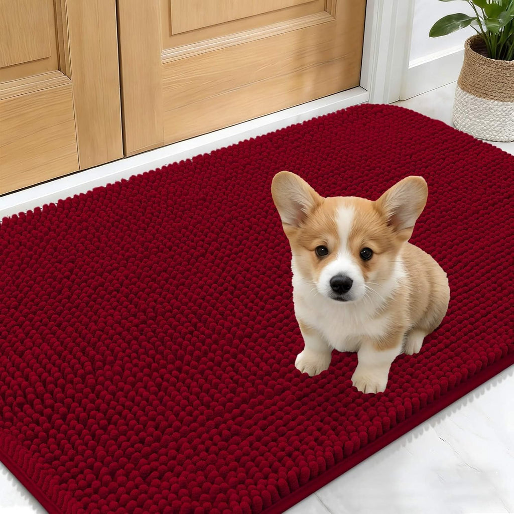 OLANLY Dog Door Mat - Absorbent Non-Slip Mud Mat for Indoor Use | Quick Dry Chenille, 24x16, Red