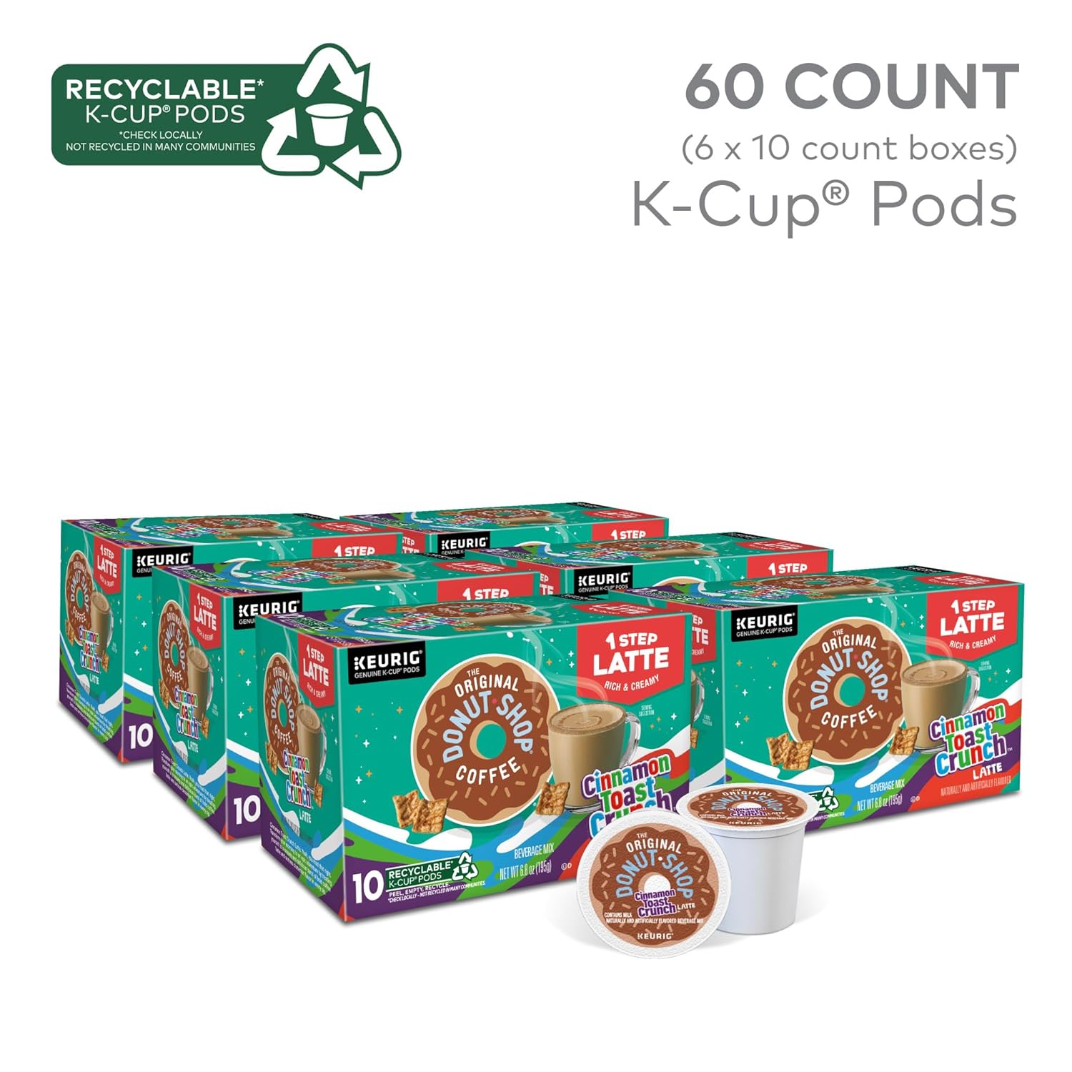 Original Donut Shop Cinnamon Toast Crunch Latte K-Cup Pods - One-Step Brewing, 60 Count (6 Packs of 10)