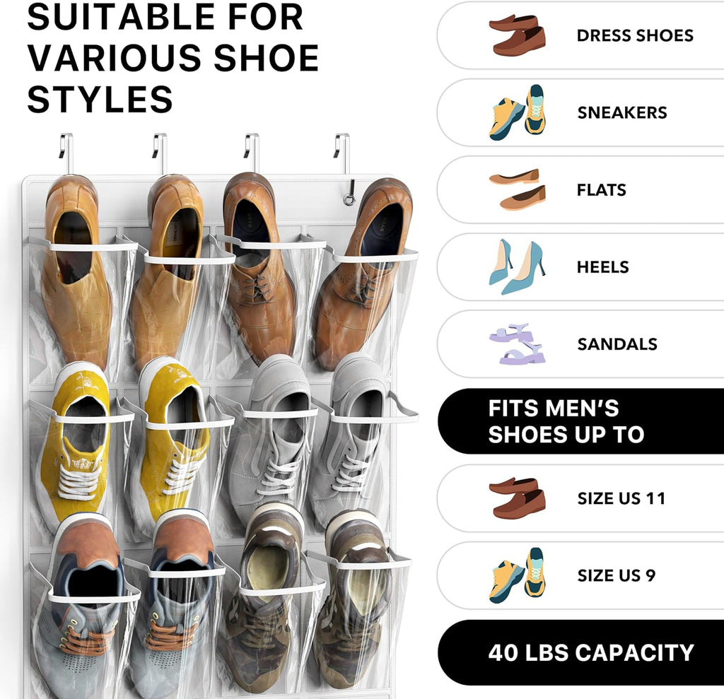 Simple Houseware Over The Door Hanging Shoe Organizer - 24 Large Clear Pockets, White (56" x 22.5")
