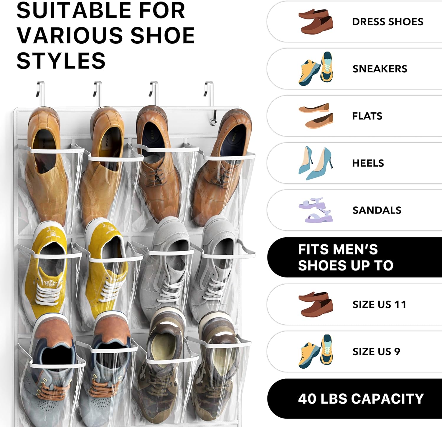 Simple Houseware Over The Door Hanging Shoe Organizer - 24 Large Clear Pockets, White (56" x 22.5")