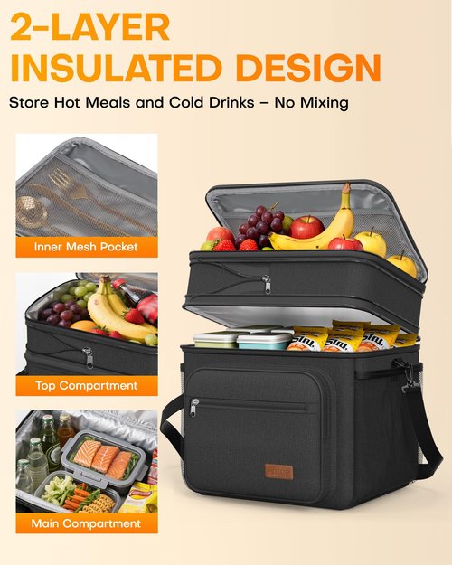 HOTOR Lunch Box for Men & Women - Double-Layer Insulated Lunch Bag with Leakproof Liner, Portable Cooler for Work, Travel, or Picnic, Black, 13.4" x 11.8" x 10.6"