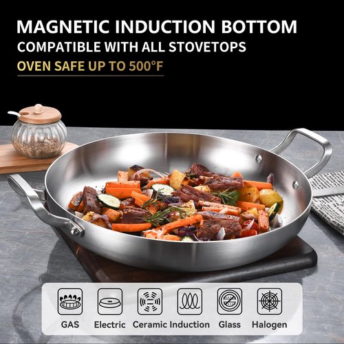 Inqibee 14-Inch Tri-Ply Stainless Steel Paella Pan,Large Skillet,Griddle Pan,Large Frying Pan,Jumbo Cooker,Induction Cookware,Dishwasher and Oven Safe.