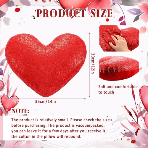 Yookeer Glitter Sequins Heart Shaped Pillow 14'' x 12'' Valentine's Day Decorative Sparkling Throw Pillows Solid Soft Shiny Cushion for Women Valentine Wedding Anniversary Bed Couch Decor(Red)