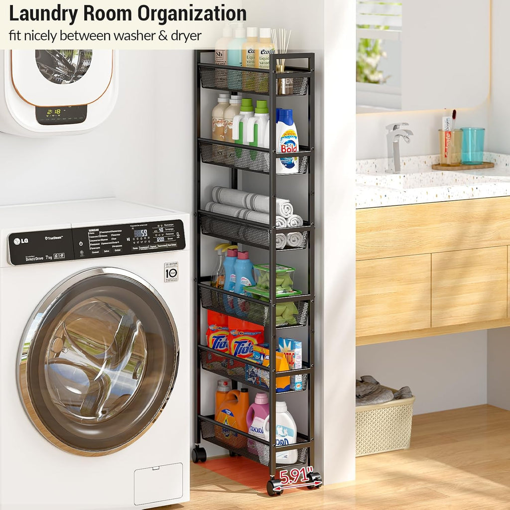 ThreeHio 6-Tier Slim Storage Cart - Mobile Metal Shelving Unit for Kitchen & Bathroom - Black, 6in Width