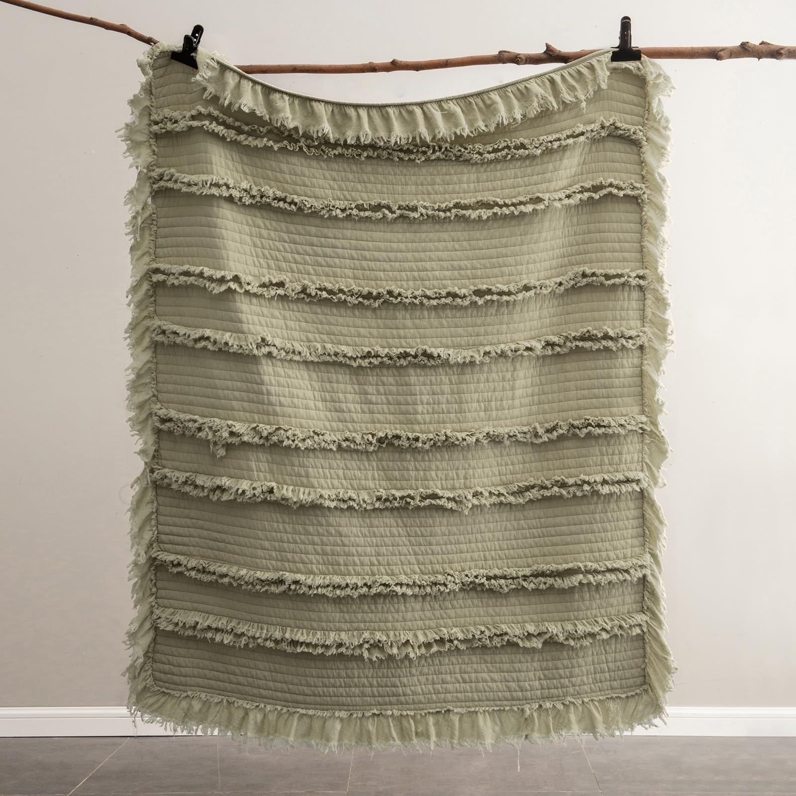 Ultra Soft Pre-Washed Quilted Boho Sage Green Twin Size Blankets for Bed, Olive Green Ruffle Fringed Decorative Throw, Stone Washed Chic Rustic Blanket for Sofa Couch Bed, 60"*80"