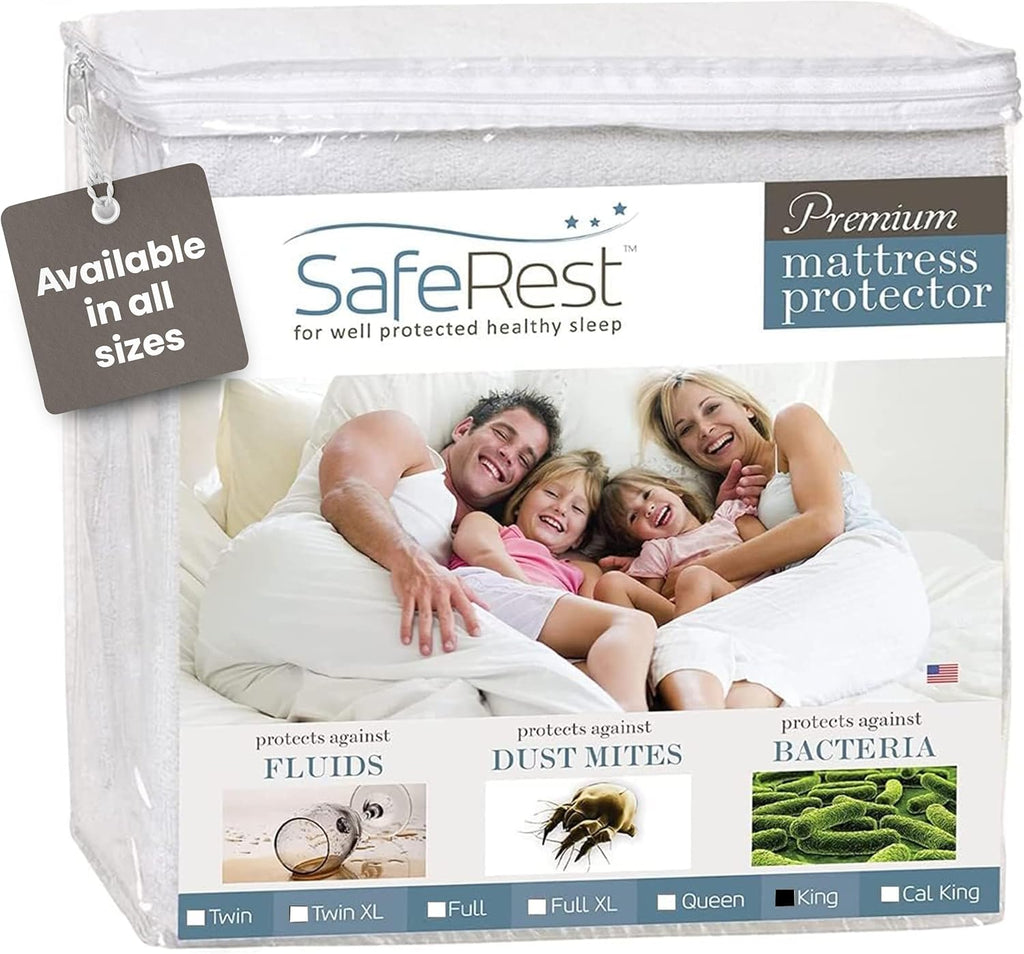SafeRest Waterproof King Size Mattress Protector - Fitted Design with Stretchable Pockets | Machine Washable Cotton Blend Cover