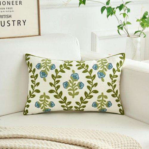 HOMFREEST Floral Embroidered Decorative Throw Pillow Covers 12x20 Inch Spring Blue Flower Green Leaf Pillows Farmhouse Patio Cushion Cases for Sofa Couch Home Bed