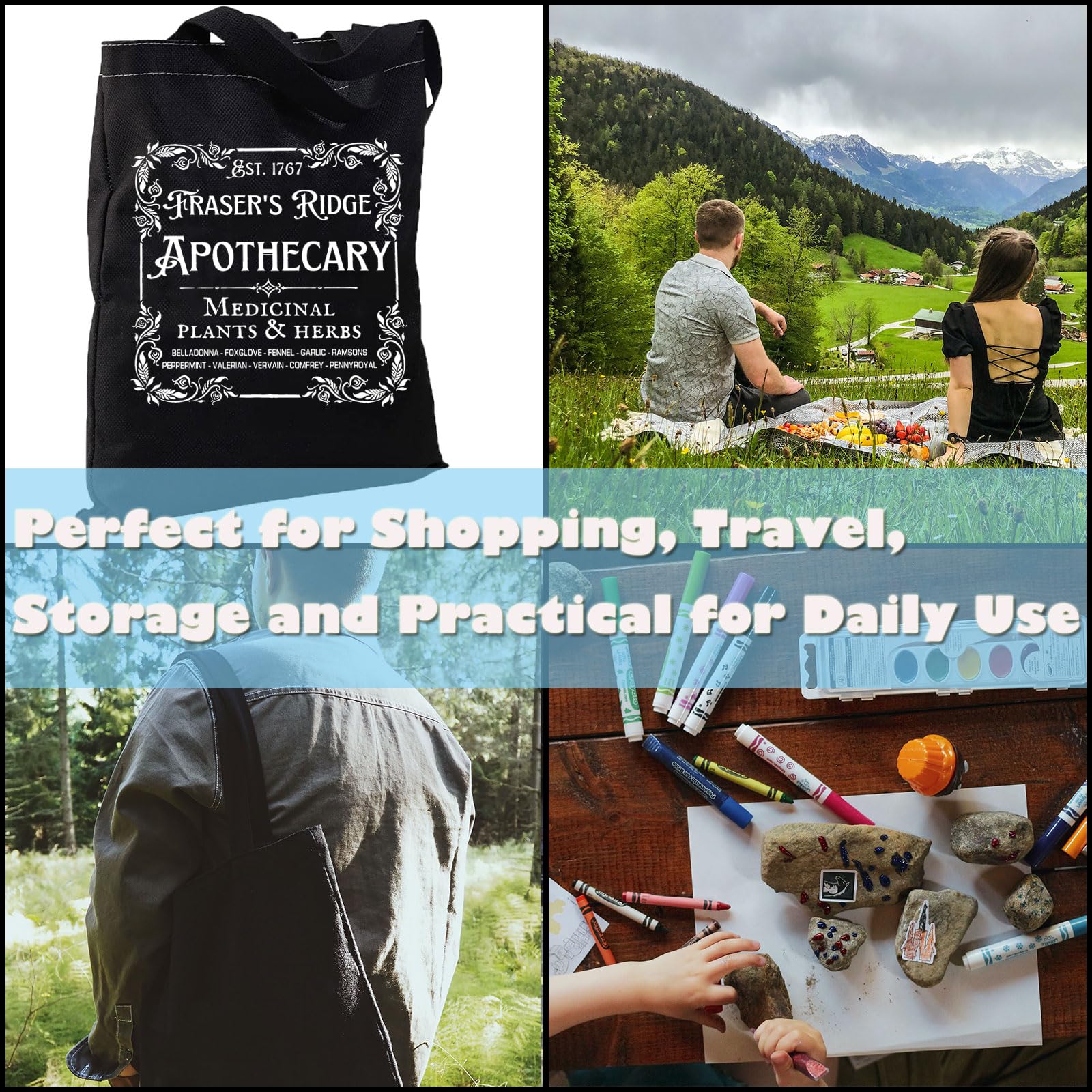 Tv Show Inspired Gift Book Merchandise Fraser's Ridge Apothecary Est. 1767 Tote Bag for Jamie Fraser Fans (Fraser’s Ridge ToteBLK)