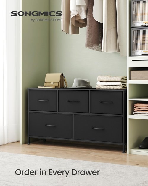 SONGMICS Dresser for Bedroom, Chest of Drawers, Steel, MDF, 5 Non-Woven Fabric Drawers, Storage Organizer Unit, Closet, Entryway, Ink Black and Ebony Black ULGS322B01S